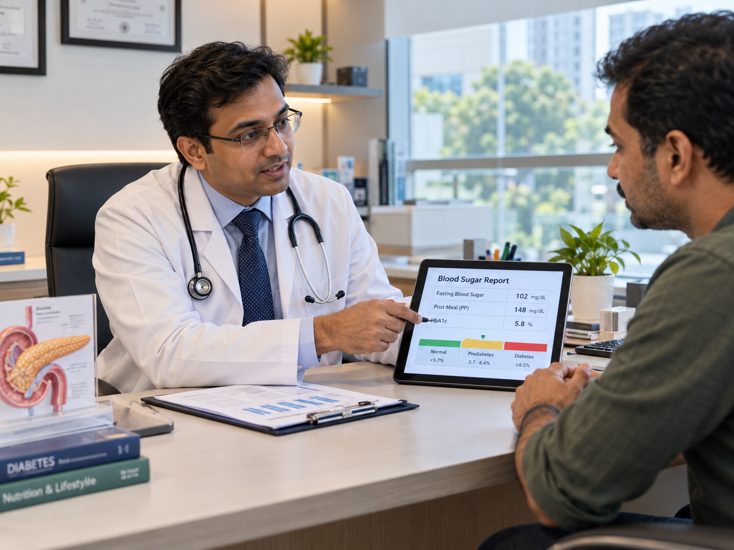 Diabetologist explaining prediabetes symptoms and blood sugar results to a patient in HSR Layout